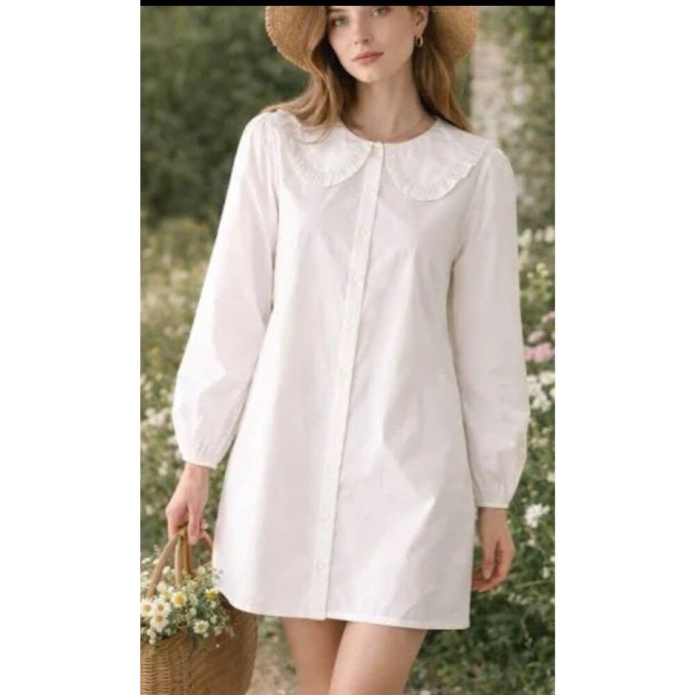 J.Crew White Ruffle Collar Button Shirt Dress L/XL Cotton Long Sleeve Cottage